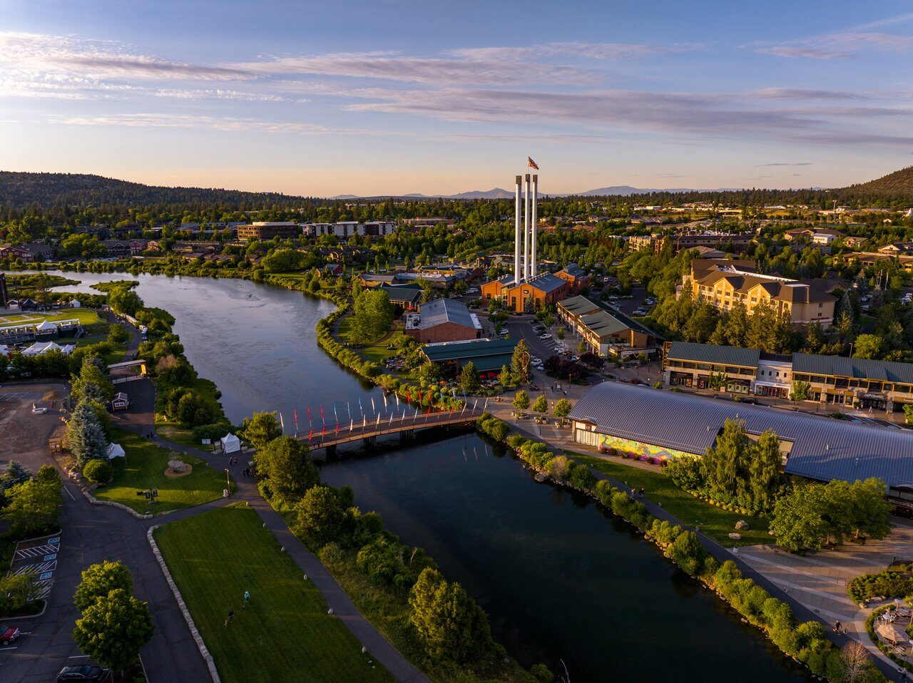 Aerial view of the Old Mill District along the Deschutes River in Bend, Oregon