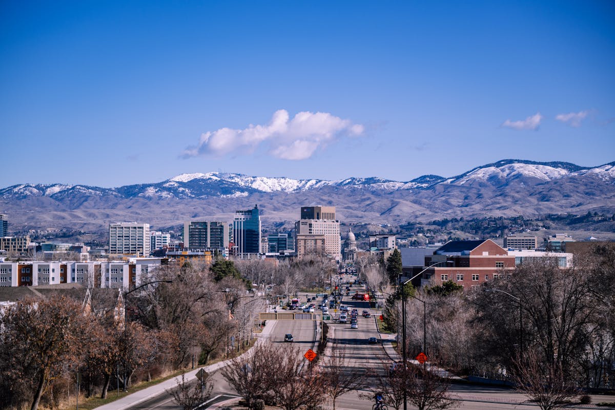 Downtown Boise Idaho skyline with mountain backdrop