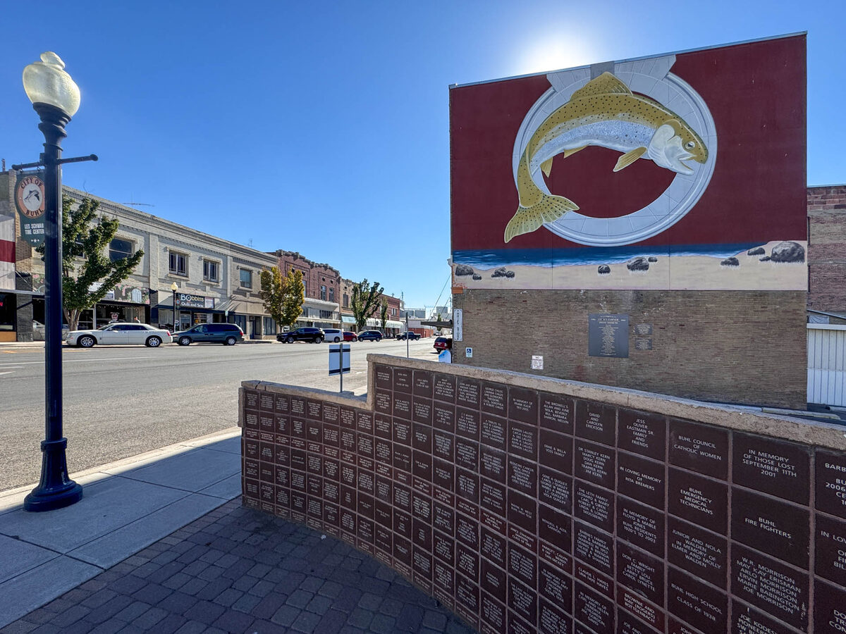 Downtown Buhl, Idaho with its landmark trout mural