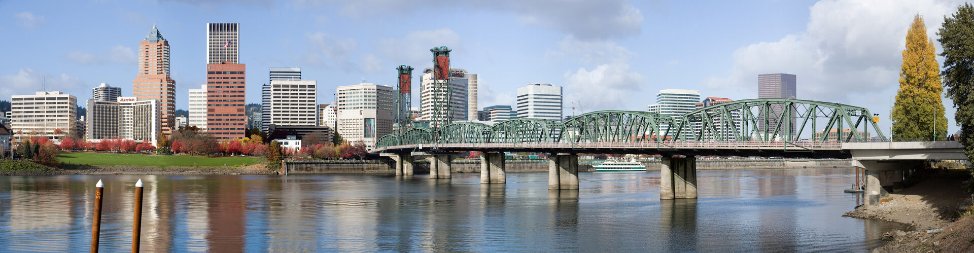 Downtown Portland skyline and the Hawthorne Bridge over the Willamette River in Portland, Oregon