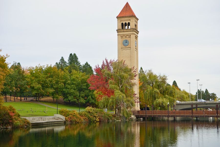 The Riverfront Park clock tower in downtown Spokane, Washington