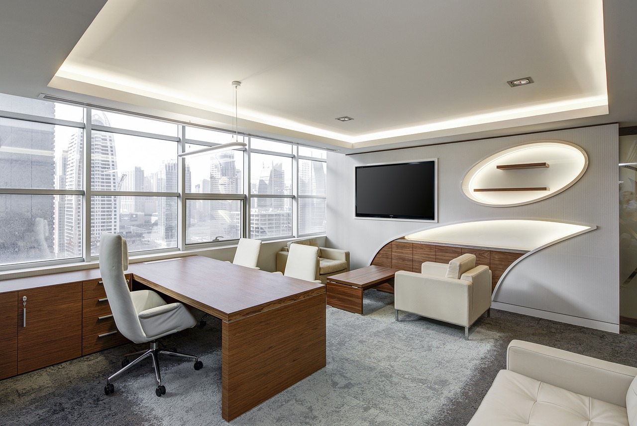 Modern executive office overlooking a city skyline